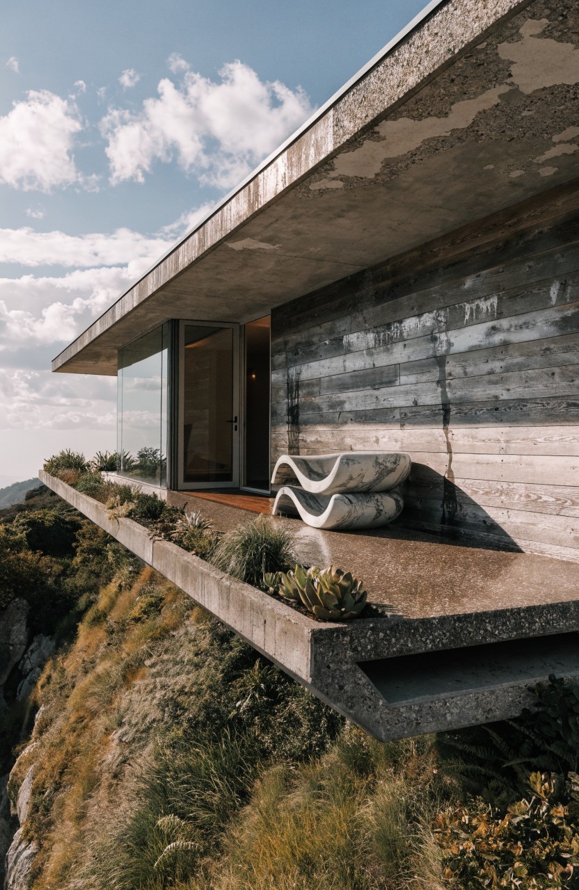 Cantilevered concrete balcony extending over a grassy cliffside with weathered horizontal wood siding on the house, large glass sliding doors, two wavy white stone benches along the edge, and potted plants in a row.