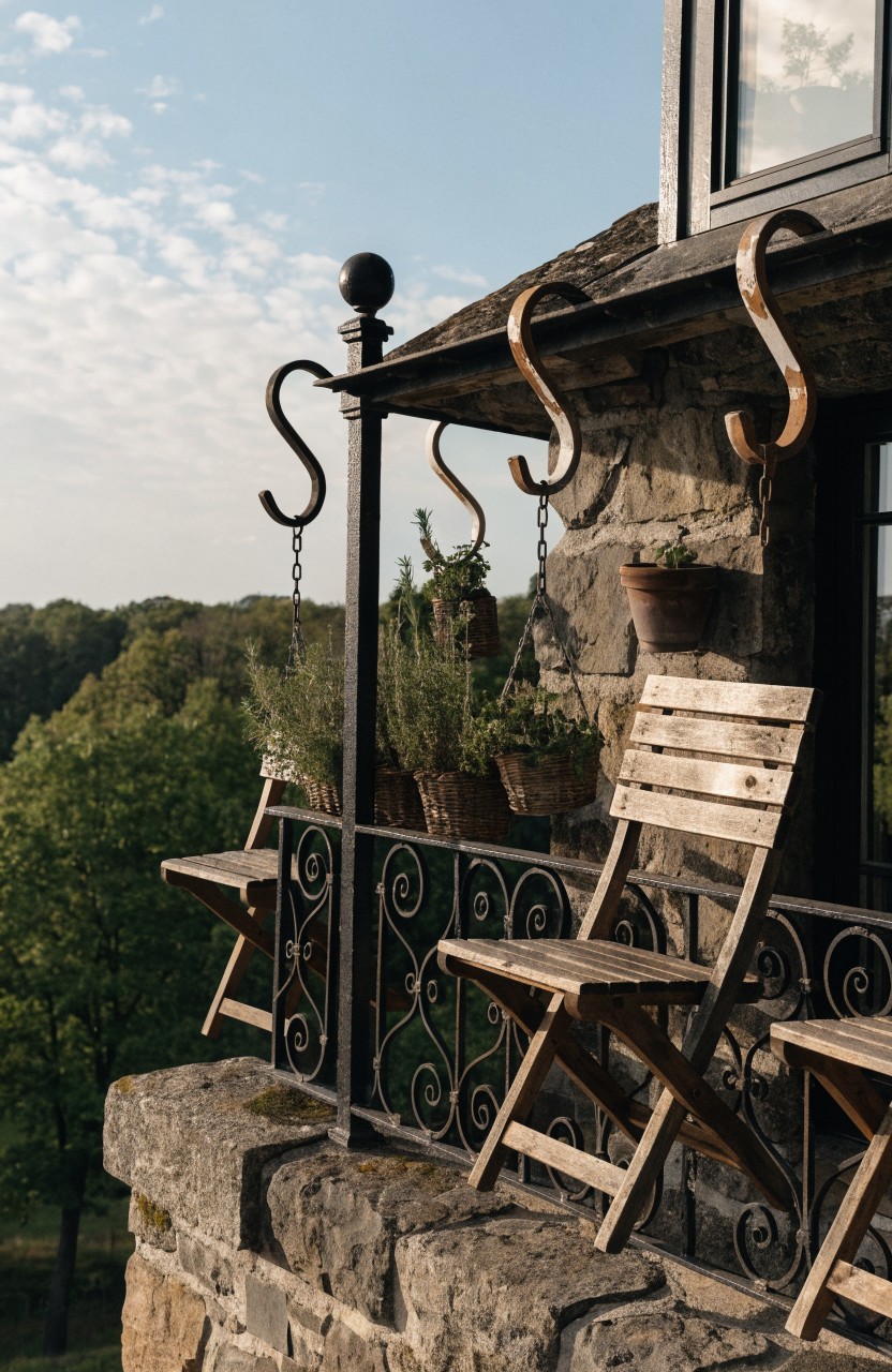 Rustic stone balcony with scrolled wrought-iron railing, three folded wooden chairs leaned against it, and hanging planters on black S-hooks from chains, overlooking wooded landscape.