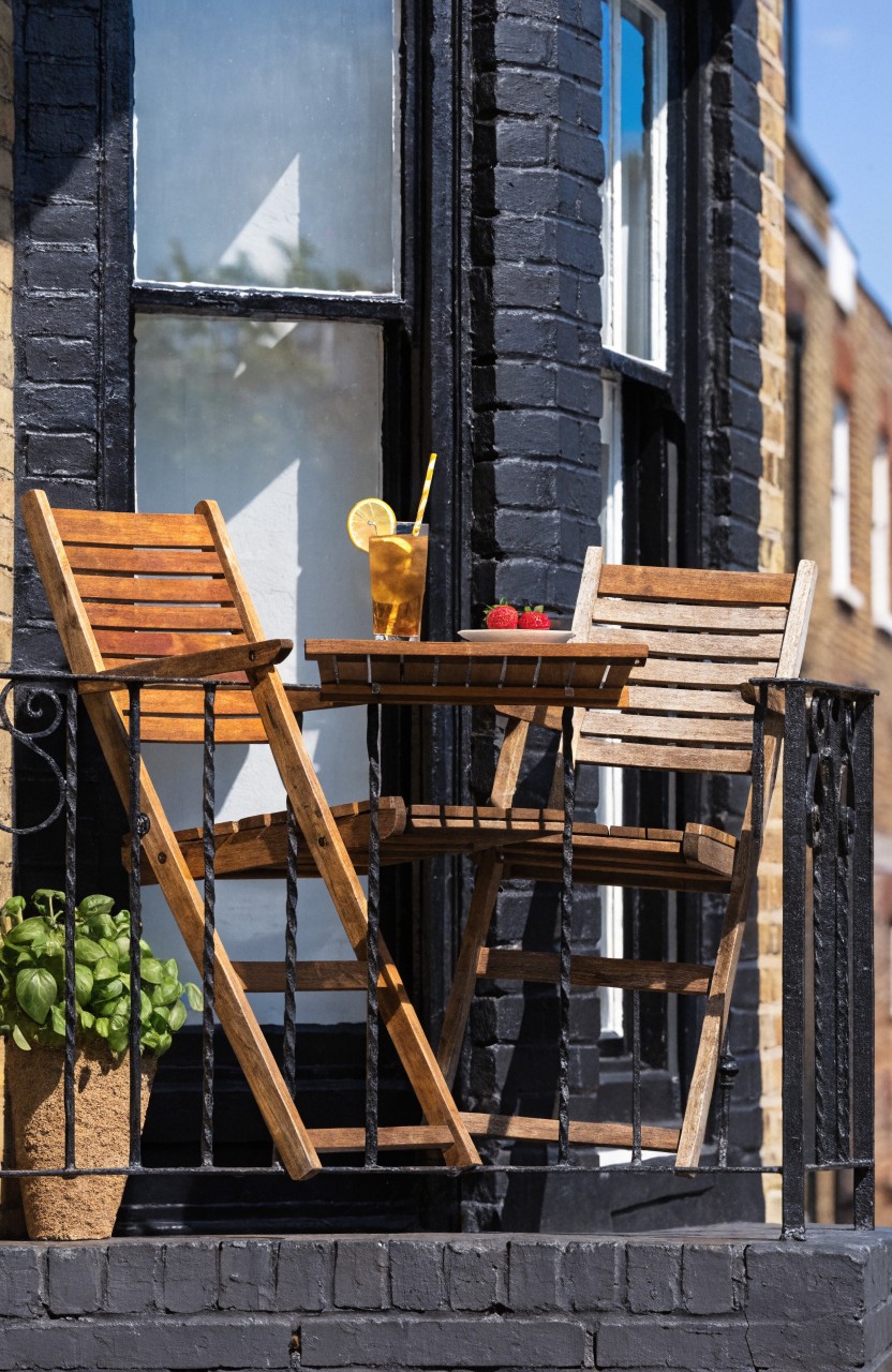 Black brick townhouse balcony featuring two folding wooden chairs around a small wooden table with lemon drinks, strawberries, a potted plant, and black metal railing.