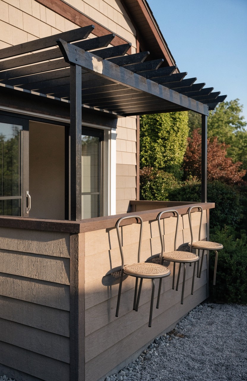 House exterior showing a stucco bar counter on a covered balcony with three hanging black metal stools topped by round woven seats, under a black pergola next to a sliding glass door, with greenery and gravel nearby.