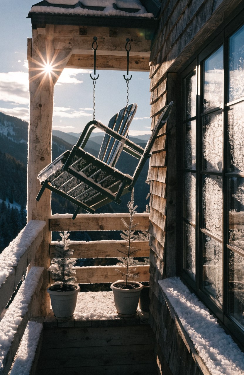 Snow-covered wooden balcony with two metal-frame hanging chairs suspended by chains from overhead beams, two potted evergreen trees, large windows on a shingled house wall, and distant mountain view at sunset.