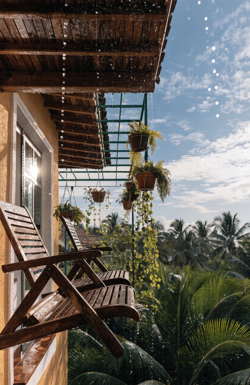 Yellow stucco house wall with wooden balcony overhang, green metal trellis holding hanging plants, two reclined wooden lounge chairs extending over the edge, and palm trees below in a tropical setting with water droplets.