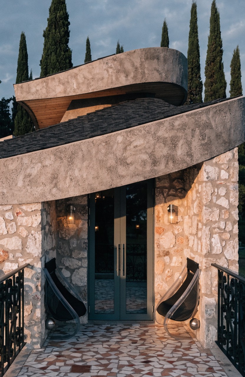 Modern house exterior with curved concrete roof and stone walls, featuring a balcony terrace with two black curved lounge chairs beside double glass doors and wall lights, surrounded by tall cypress trees.