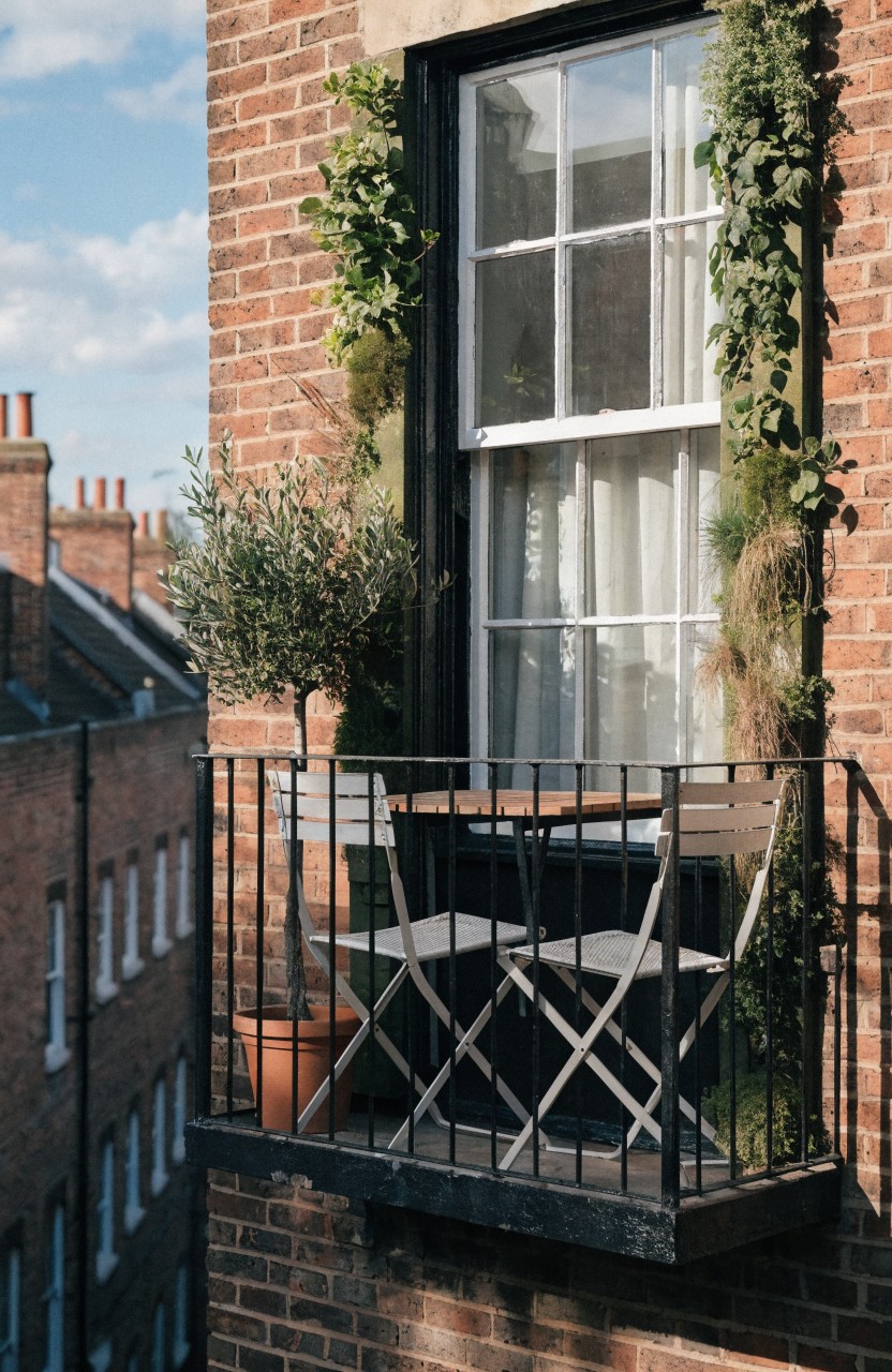 Brick townhouse exterior with a small black metal balcony railing holding two white folding chairs, a wooden table, potted olive tree, terracotta pot, and ivy climbing around a large window with white curtains.