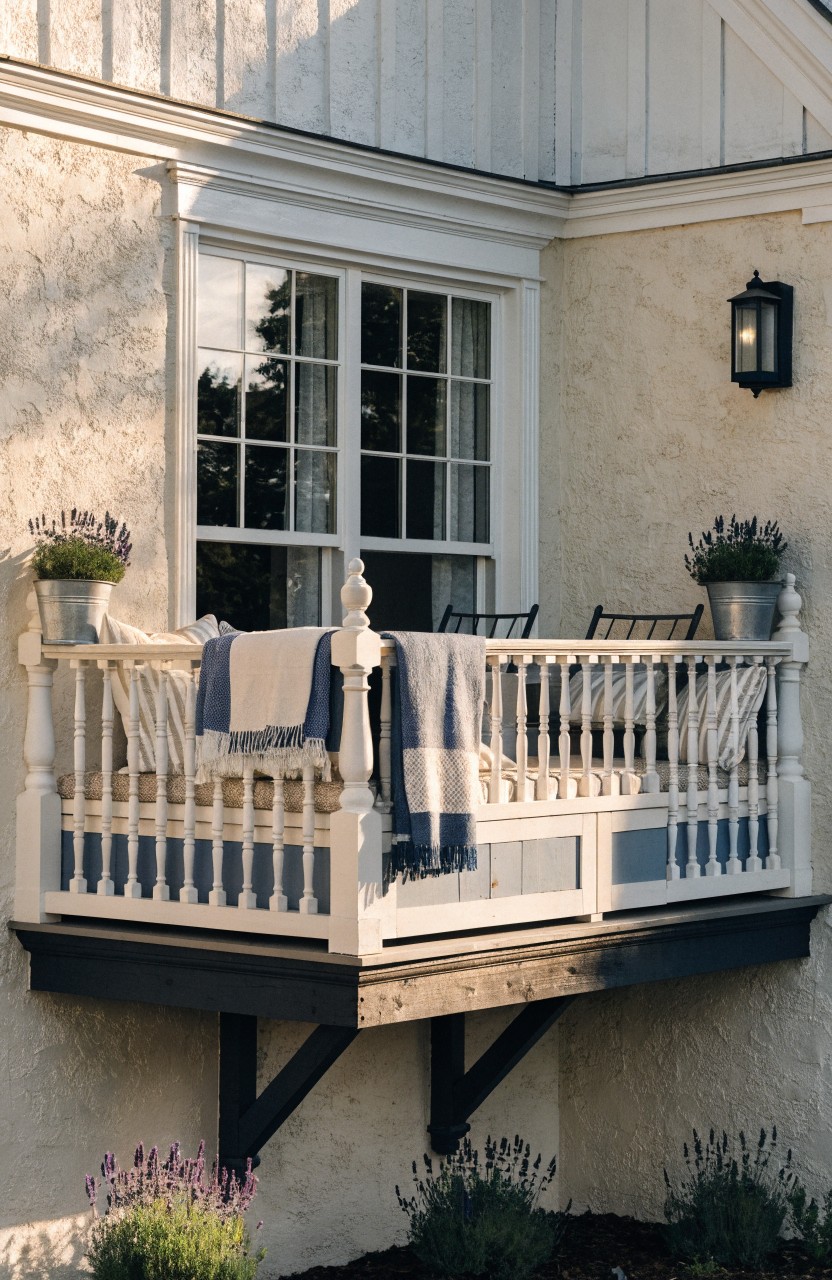 A narrow white wooden balcony projects from a beige stucco house exterior, holding two cushioned chairs with draped blankets and potted lavender plants nearby.