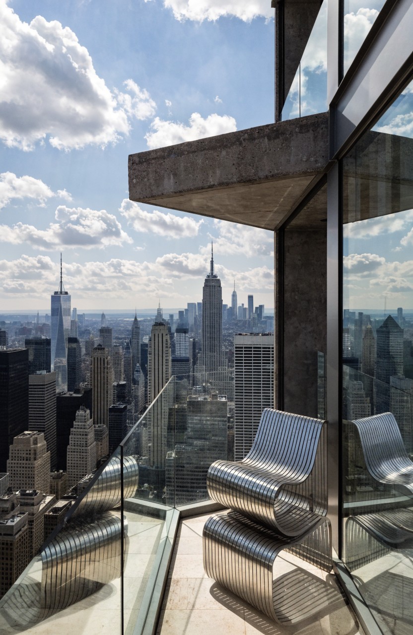 High-rise balcony with two narrow wavy metallic lounge chairs along the glass railing, overlooking the New York City skyline on a partly cloudy day.