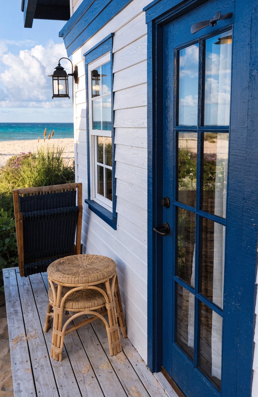 White shiplap house with blue door and windows on a wooden deck holding two woven stools near beach dunes and plants.
