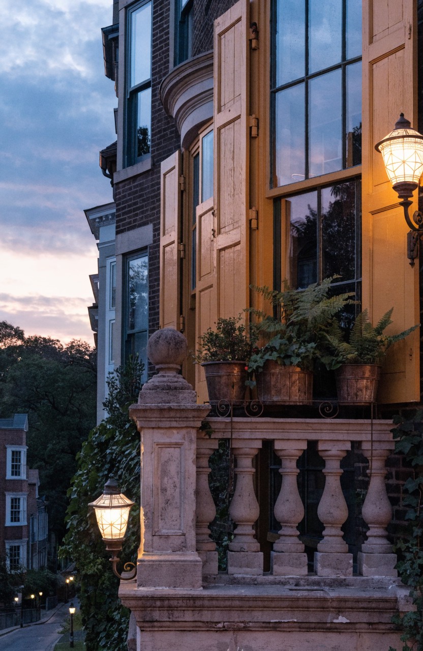 Vintage brick rowhouse balcony at dusk with yellow shutters on tall windows, stone balustrade supporting several potted ferns and plants, ivy climbing nearby, and lit lanterns on posts.