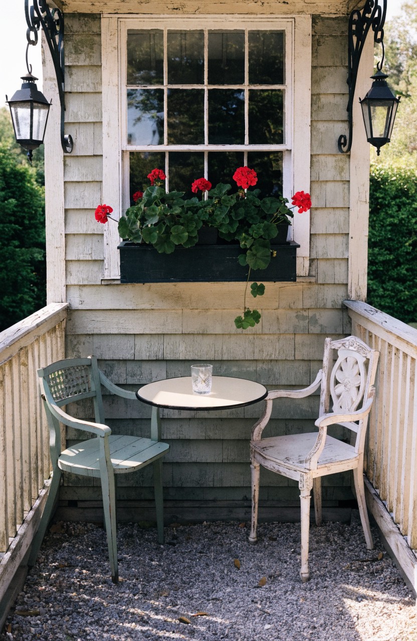 Small balcony area with white clapboard siding, a multi-pane window with red geraniums overflowing from a wooden window box, hanging lanterns, a round table with a glass, and two chairs on gravel flooring.
