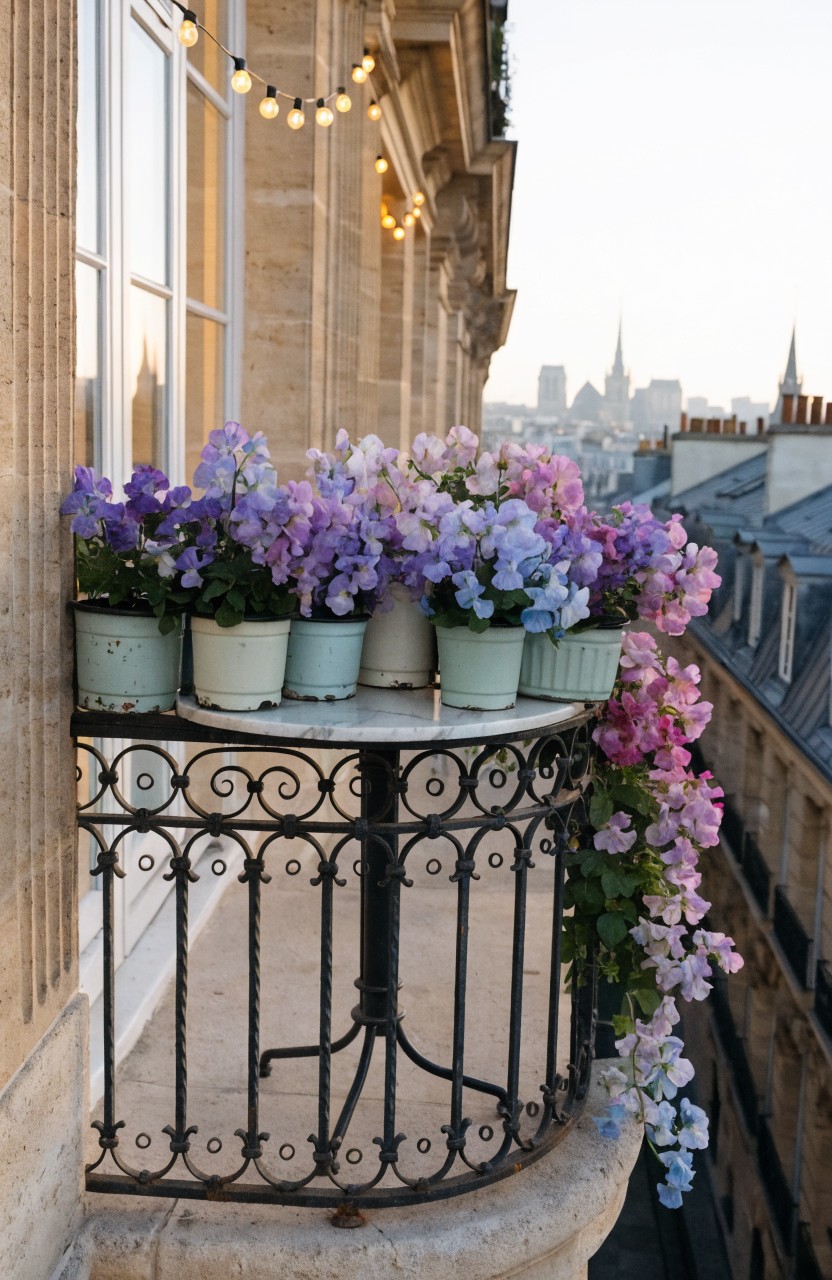 Wrought-iron balcony railing on a beige stone facade lined with green pots of purple and pink flowers cascading over the edge, string lights overhead, and Paris rooftops in the background.