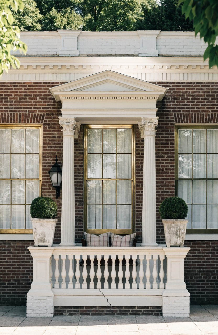 Red brick house facade with central white-columned balcony featuring pediment, gold-framed window, balustrade railing, and potted topiary plants on either side.