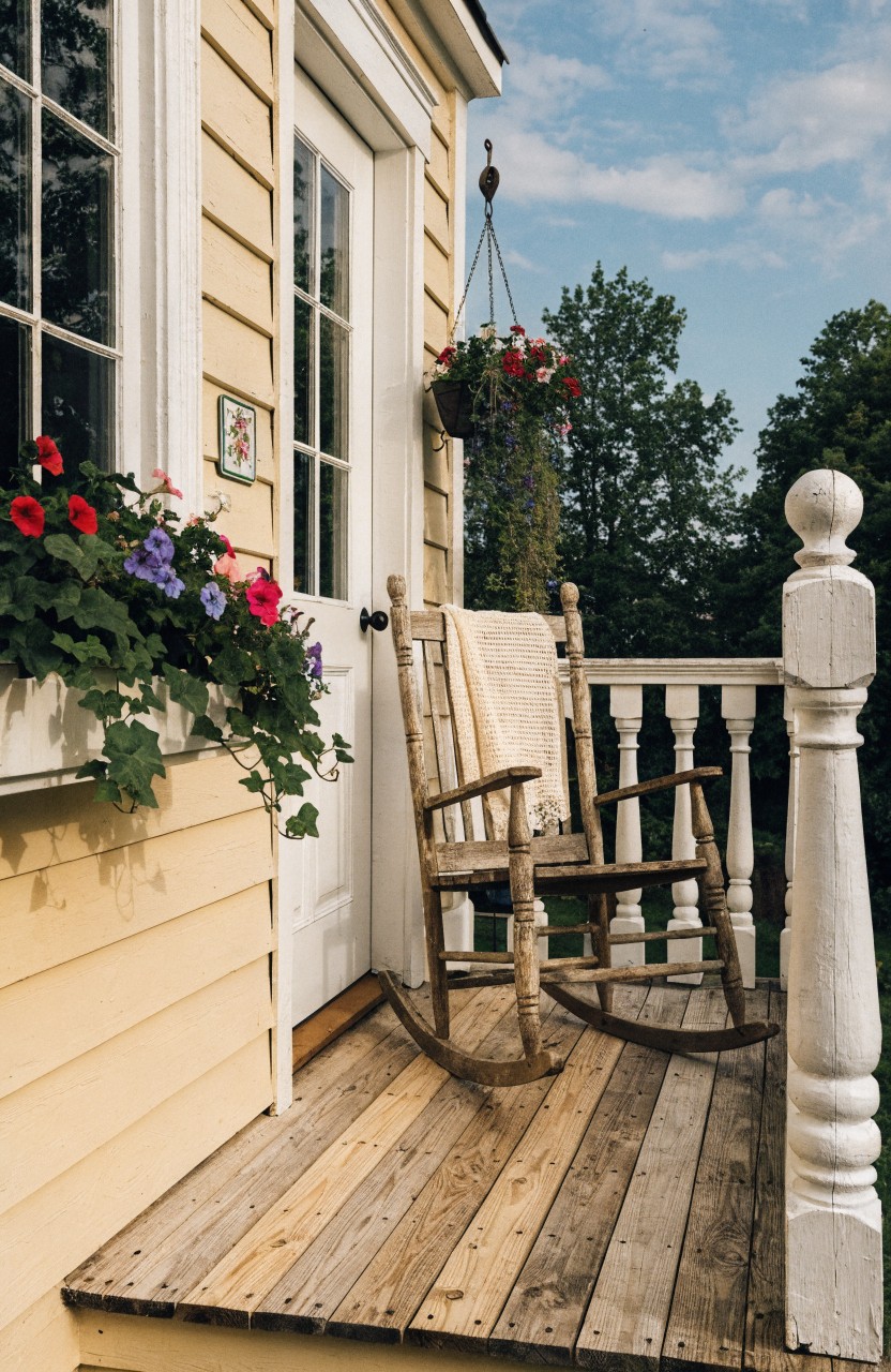 Yellow clapboard house exterior showing a small white porch deck with a wooden rocking chair draped in a blanket, flower boxes with red and purple flowers, and hanging baskets next to glass-paneled double doors.