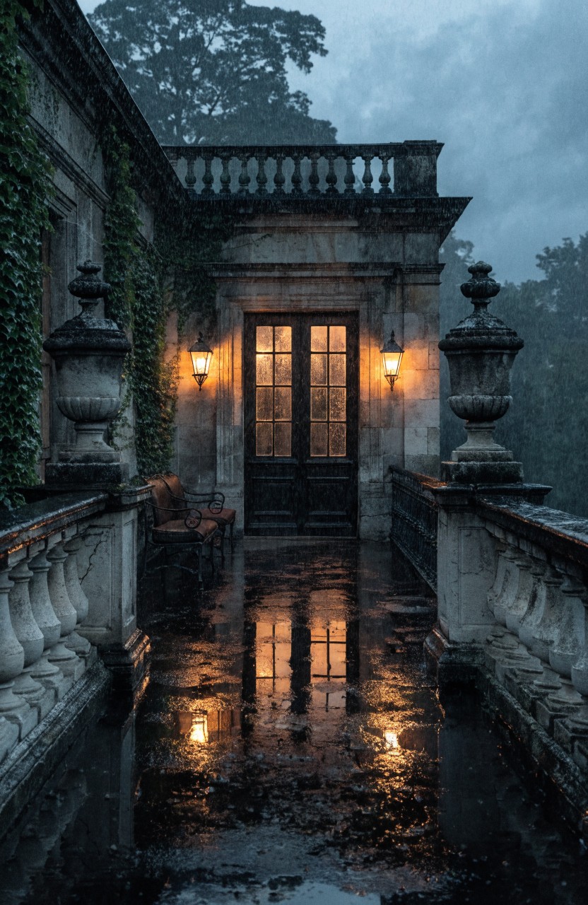 Stone balcony terrace with wet reflective floor, ivy on walls and urns, paired lanterns beside dark double doors, bench, and balustrades in rainy weather.