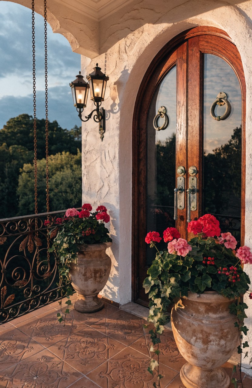 White stucco balcony featuring arched wooden double doors with brass knockers, flanked by large terracotta pots of pink geraniums and ivy, wrought iron railing, hanging lanterns, and terracotta tile floor.