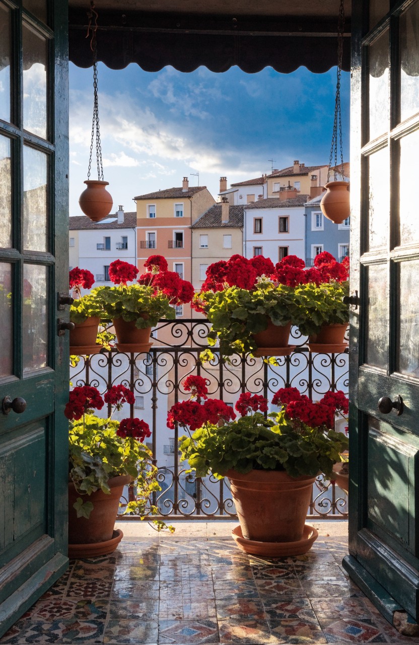 Open green double doors to a balcony with wrought iron railing, multiple large terracotta pots of red geraniums, and a view of colorful buildings on a hillside.