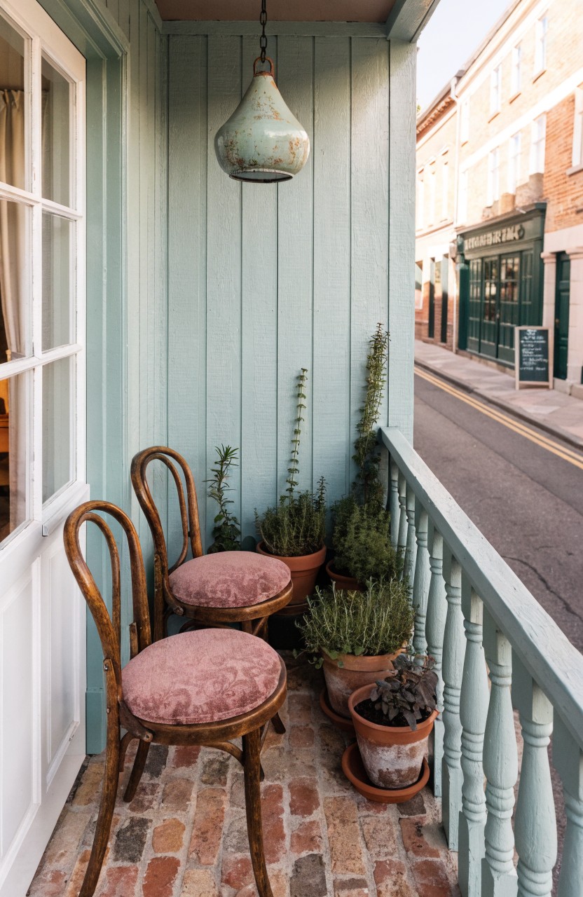 Light green painted wooden balcony with vertical siding, two vintage wooden chairs with pink cushions on brick floor, terracotta pots of herbs along white railing and on floor, hanging lantern light, white door and windows, street view beyond railing.
