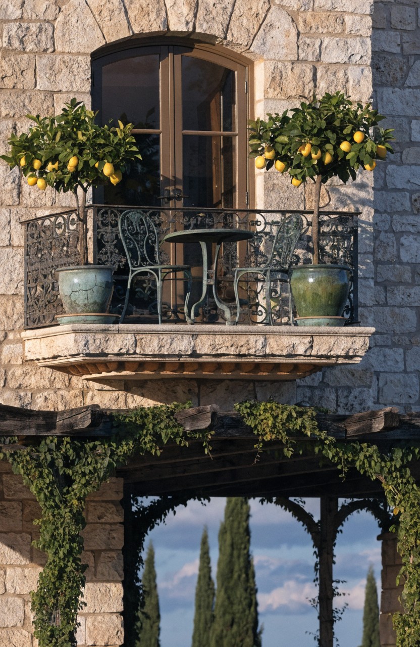 Potted Trees on Vintage Balconies