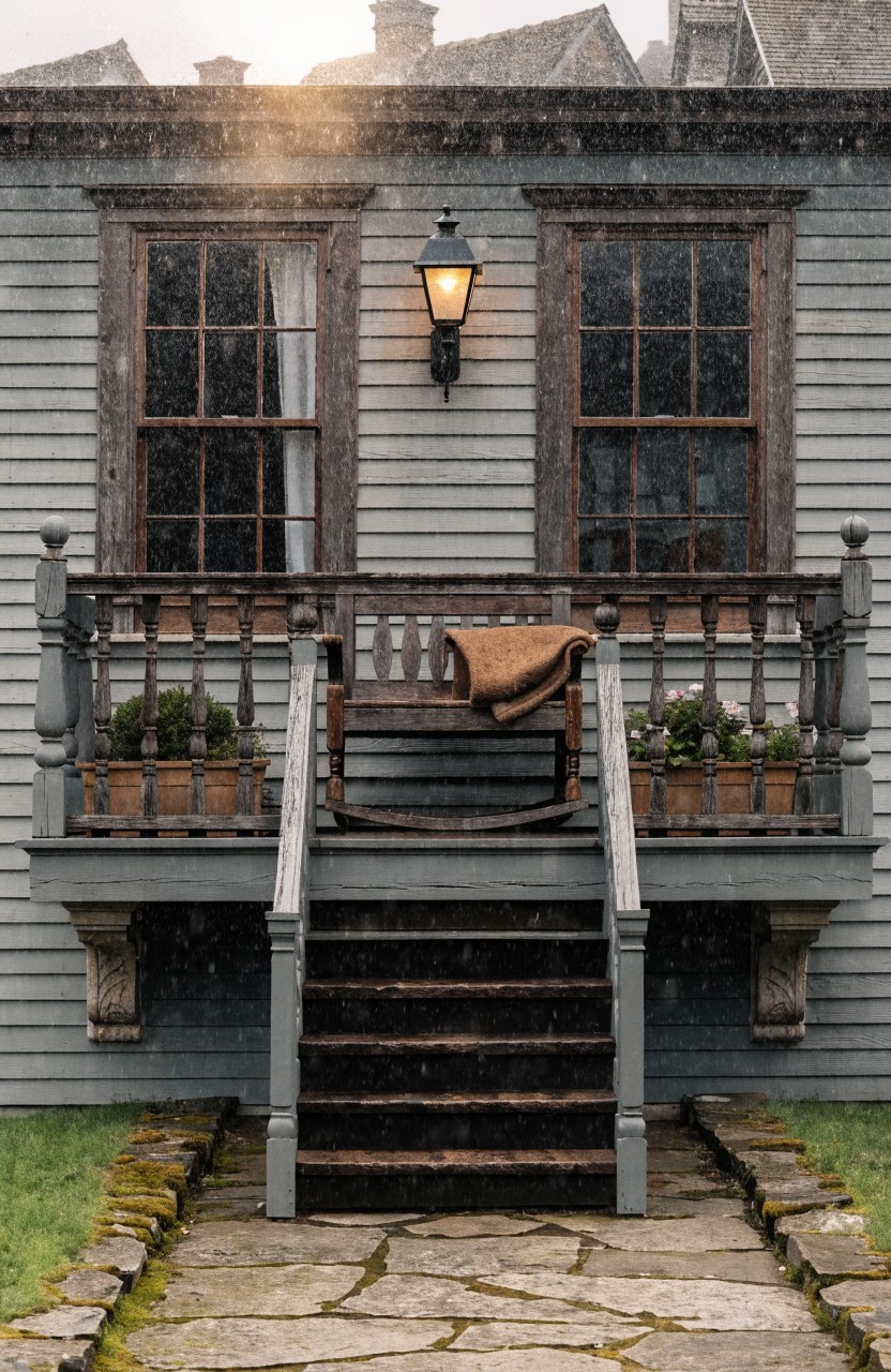 Gray shingled house exterior featuring a raised wooden porch balcony with railing, rocking chair, draped blanket, potted plants, lantern light, stairs, and stone pathway in rainy weather.