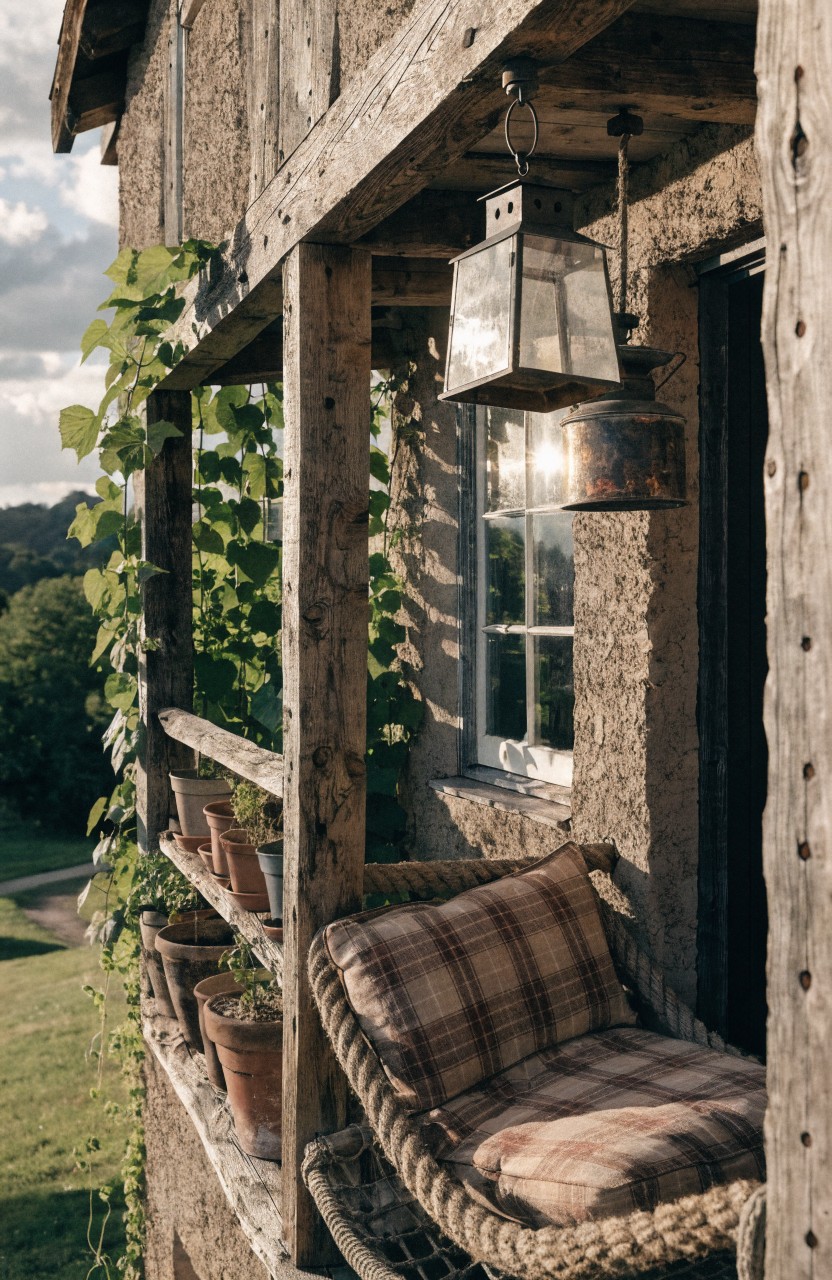 Rustic stone house balcony with wooden beams supporting climbing vines and potted plants on shelves, a suspended rope hammock chair with plaid cushion, hanging lantern, and window overlooking green hillside.