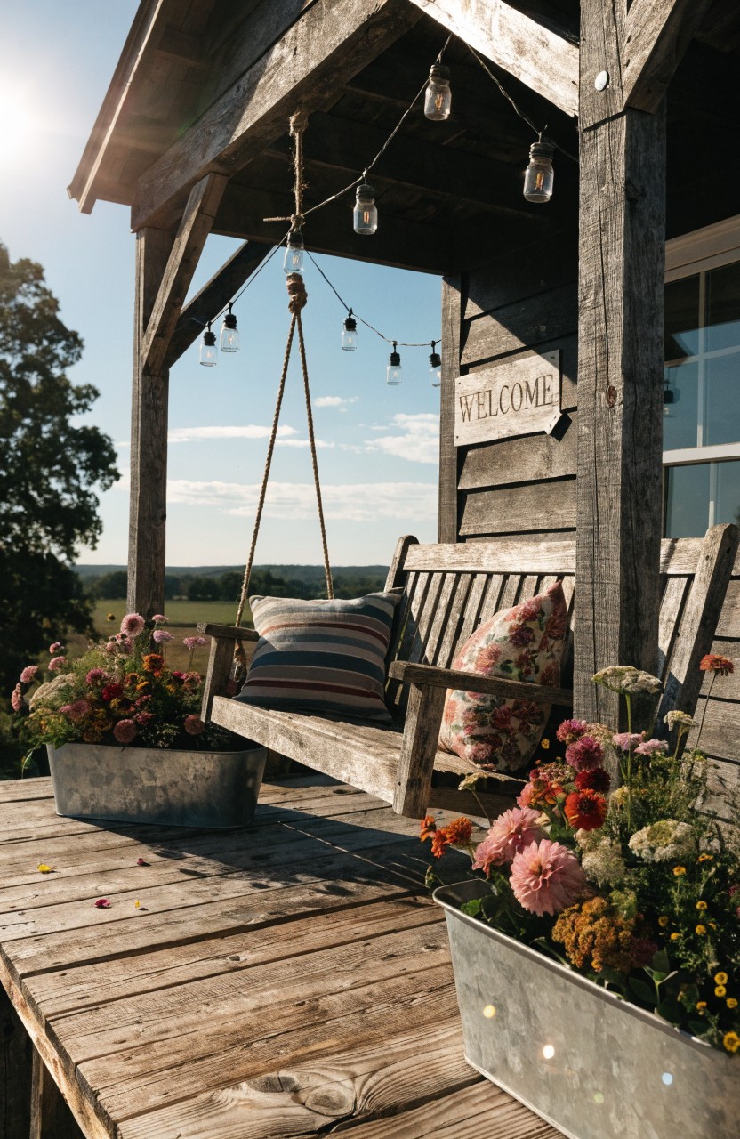 Weathered wooden porch deck with a hanging swing bench holding striped and floral pillows, overhead string lights in mason jars, galvanized buckets of flowers, and a welcome sign overlooking fields and trees.