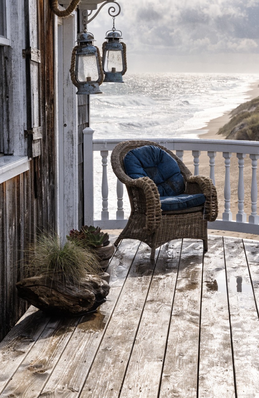 Weathered wooden balcony deck with white railing overlooking ocean dunes and beach, featuring blue cushioned wicker chair, two hanging lanterns on brackets, potted grasses and succulents, and driftwood chunk on wet planks under cloudy sky.