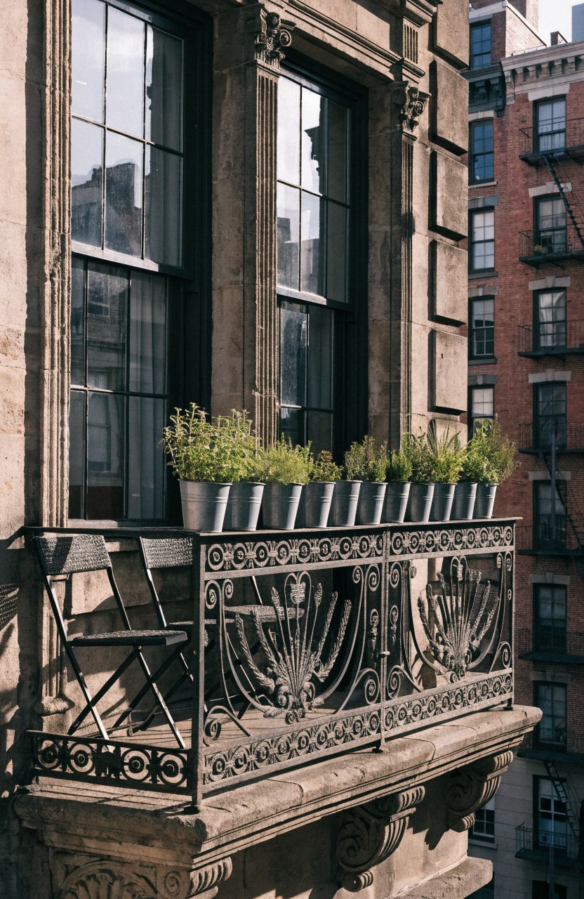 Ornate black wrought-iron balcony railing on a beige stone building facade, holding several terracotta pots of herbs and a folding chair, with large windows behind and brick buildings across the street.