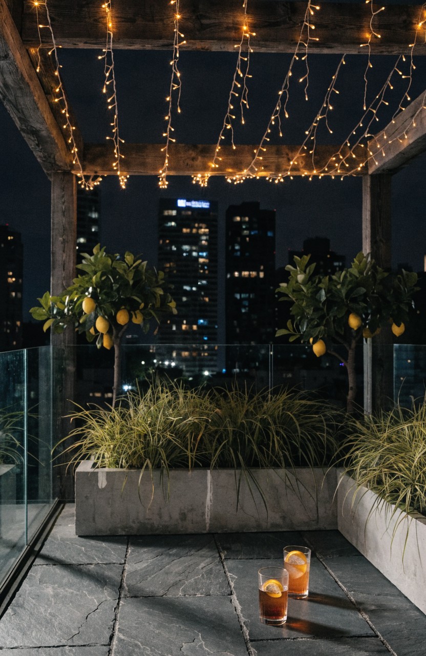 Nighttime balcony featuring a wooden pergola overhead strung with fairy lights, potted lemon trees on either side, grassy plants in concrete planters, glass railing, city skyline in background, and two glasses of amber drinks on slate tile floor.