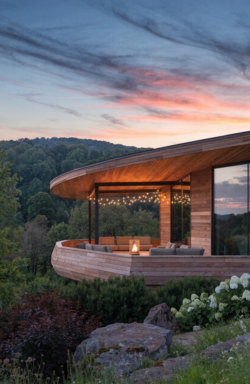 Curved wooden balcony extending from a modern house over a forested hillside at sunset, with fairy lights strung overhead above cushioned seating, a lantern, hydrangeas, and rocks nearby.