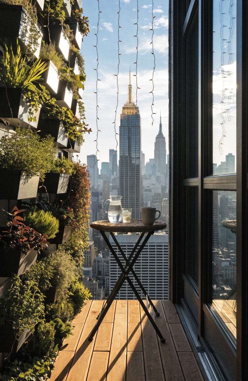 Balcony featuring vertical green plant walls on both sides, fairy lights draped along the plants, a small wooden tripod table with a glass water carafe and coffee mug, large glass doors open to wooden deck flooring, and New York City skyline view including the Empire State Building.