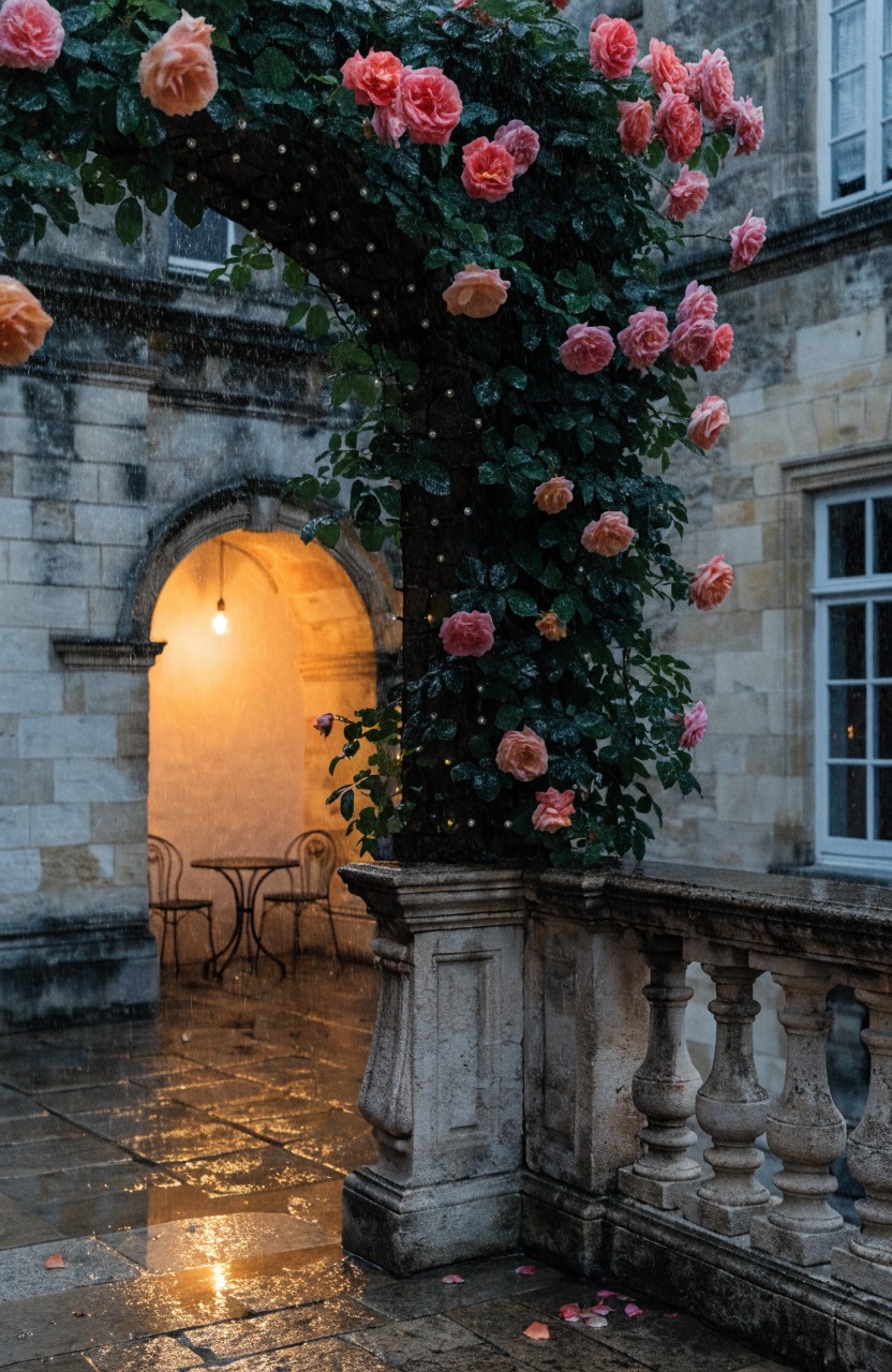 Stone archway covered in pink and orange climbing roses on a balcony terrace with wet paving, a small metal table and two chairs, stone balustrade, and warm light from an arched doorway.