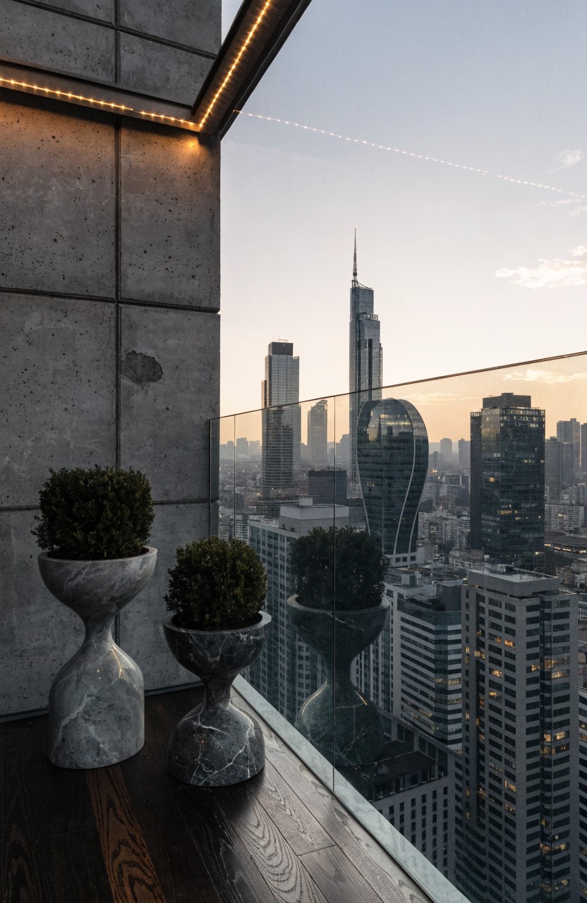 Balcony with concrete walls lined by LED strip lights along top edges, glass railing, wooden flooring, two white marble pedestal planters with small green shrubs, overlooking city skyline at dusk.
