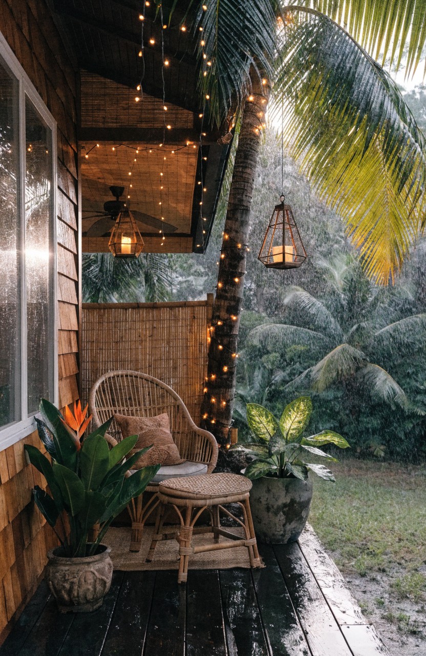 Wooden shingle house porch deck with rattan chair and table, potted plants, fairy lights strung under eaves and wrapped around palm tree trunk, hanging lanterns, bamboo screen, and surrounding tropical greenery on a wet evening.
