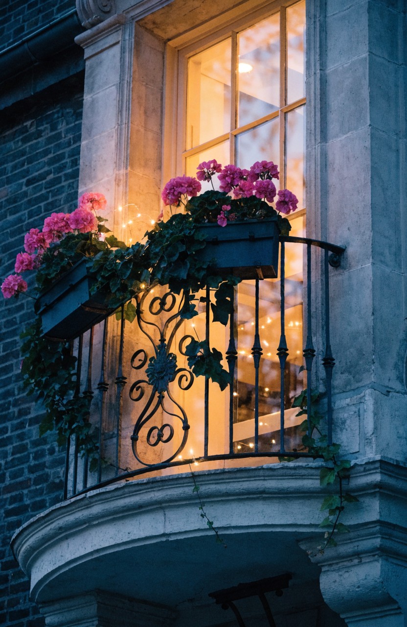 Wrought-iron balcony on a brick building at dusk with pink geraniums and ivy in planters draped by fairy lights, warm glow from the window.