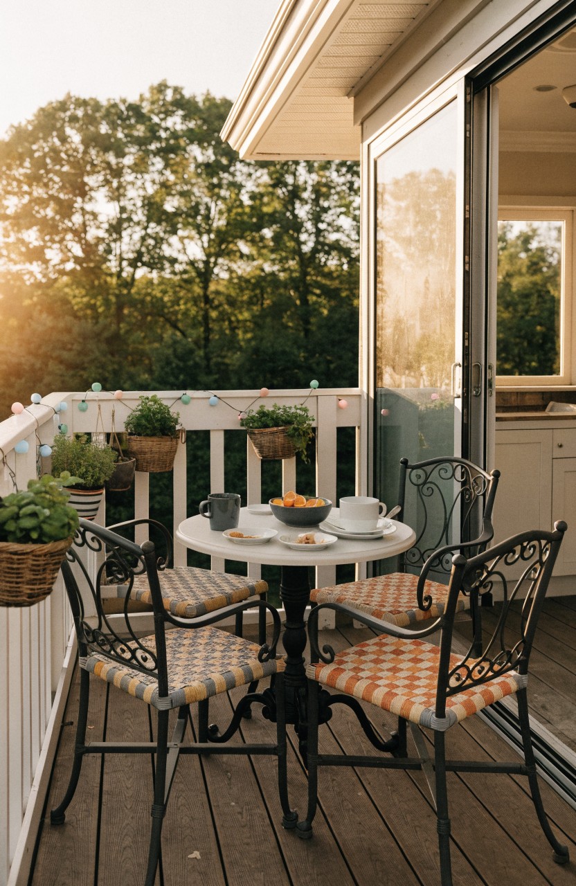Wooden balcony deck with white railing strung with fairy lights and several potted plants, small round white table with two ornate patterned chairs and dishes on plates and cups, sliding glass door to adjacent kitchen, trees and sunset sky in background.