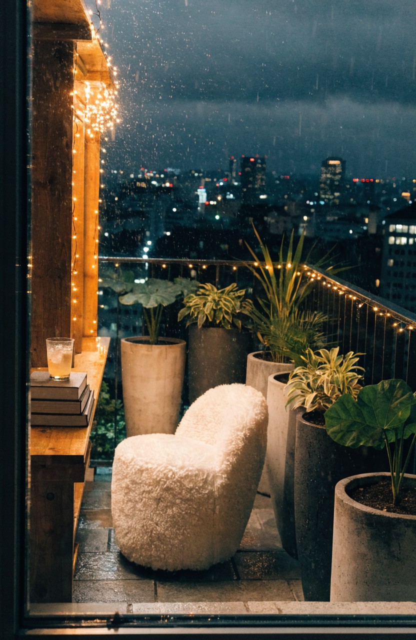 Balcony at night with fairy lights strung along wooden frame and glass railing, potted plants including palms and large leaves, white fluffy chair, shelf holding books and glass, rainy weather and city skyline visible beyond.