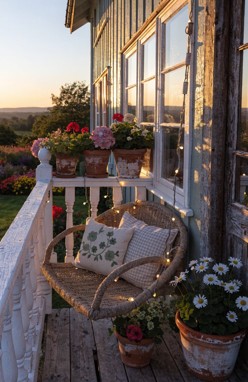 Blue wooden house exterior with a balcony deck, white railing strung with fairy lights, rattan chair wrapped in lights with cushions, and terracotta pots of geraniums and daisies at sunset.