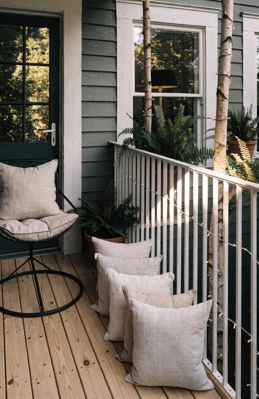 Gray clapboard house exterior with a balcony that has white railings strung with fairy lights, a green door, potted plants, birch trees, and stacked white pillows on the wooden deck.