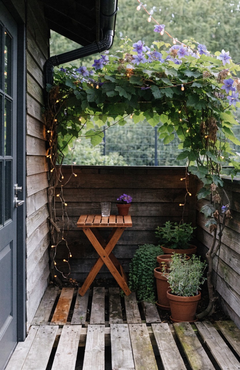 Small wooden balcony with folding table and chairs, potted herb plants in terracotta pots, climbing vines with purple flowers over an arched frame strung with fairy lights, against dark wooden wall and door.