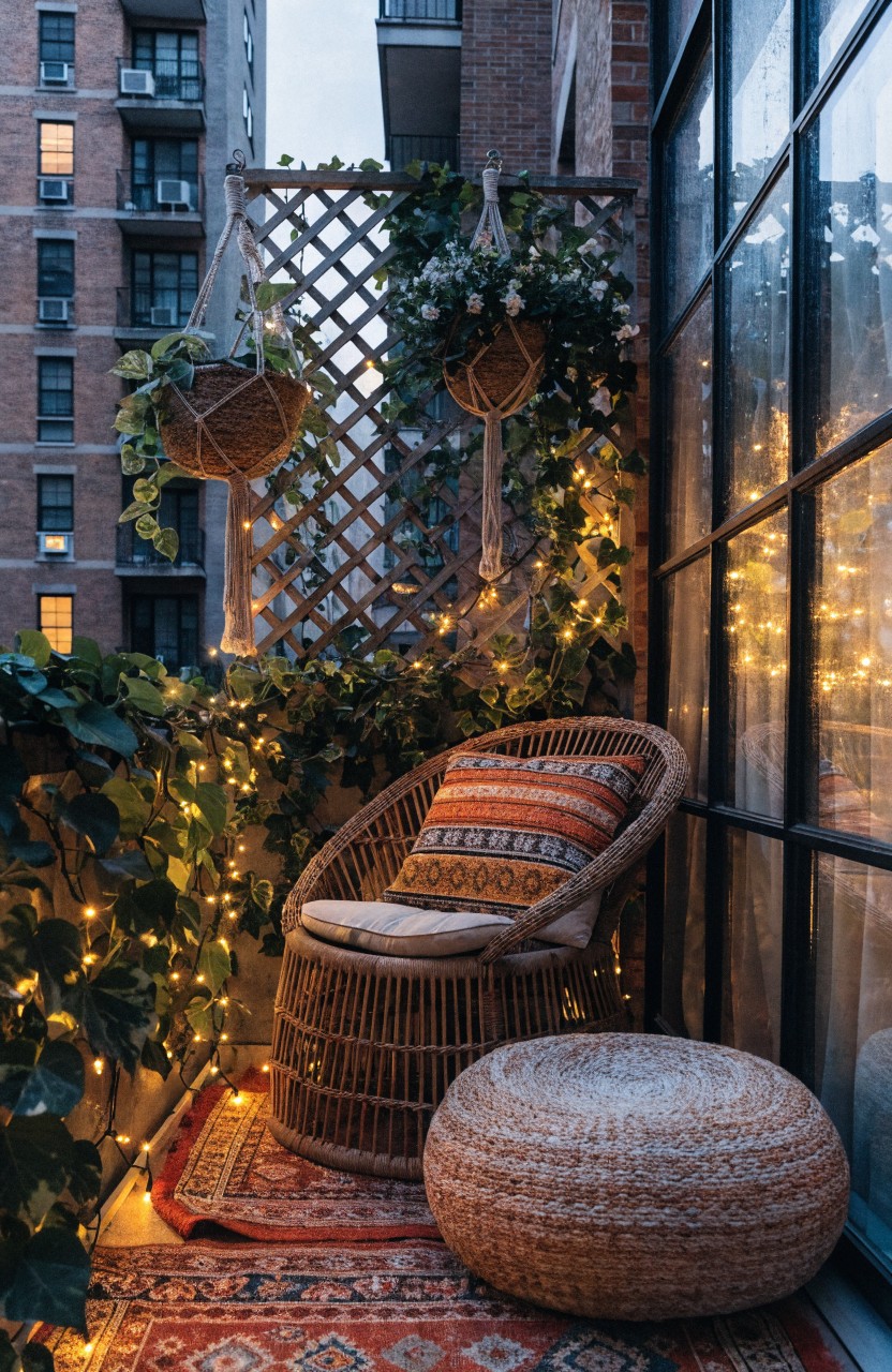 Balcony corner with rattan armchair, pouf, patterned rug, hanging plants on trellis, fairy lights, and large windows in brick building at dusk.
