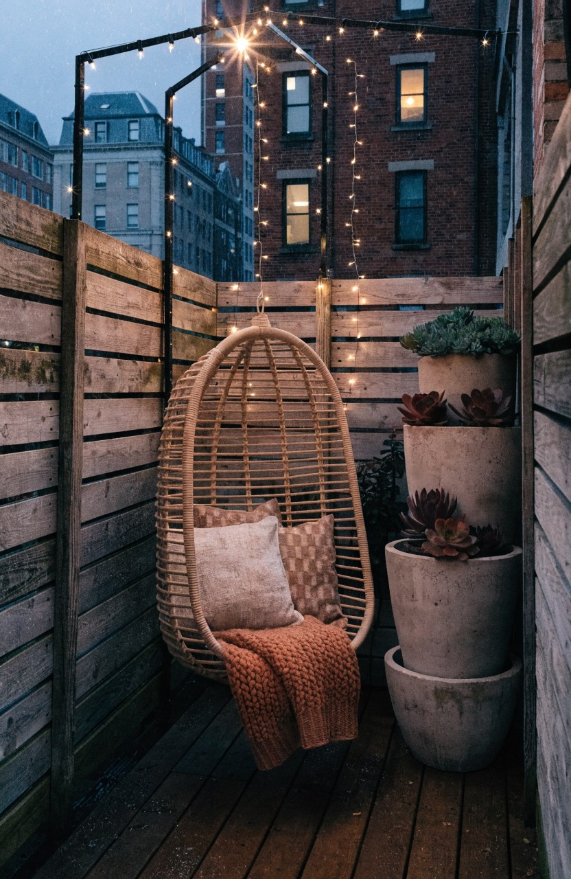 A small wooden balcony at dusk featuring a hanging wicker egg chair with beige pillows and orange blanket, three concrete pots with succulents, slatted wooden privacy fence, fairy lights strung overhead on black pipe railing, and brick buildings in the background.