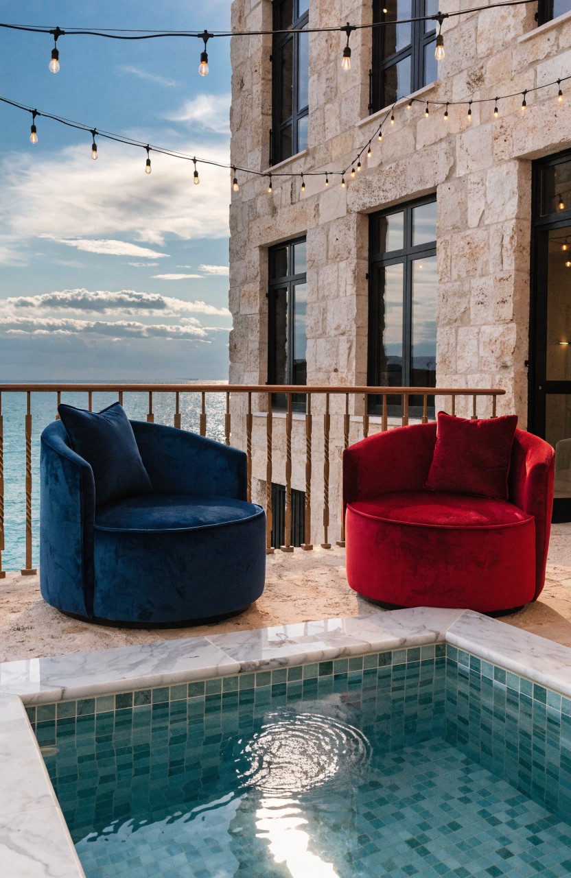 Balcony terrace with navy and red round velvet armchairs beside a small turquoise pool, overhead string lights, stone building facade, and sea view at dusk.