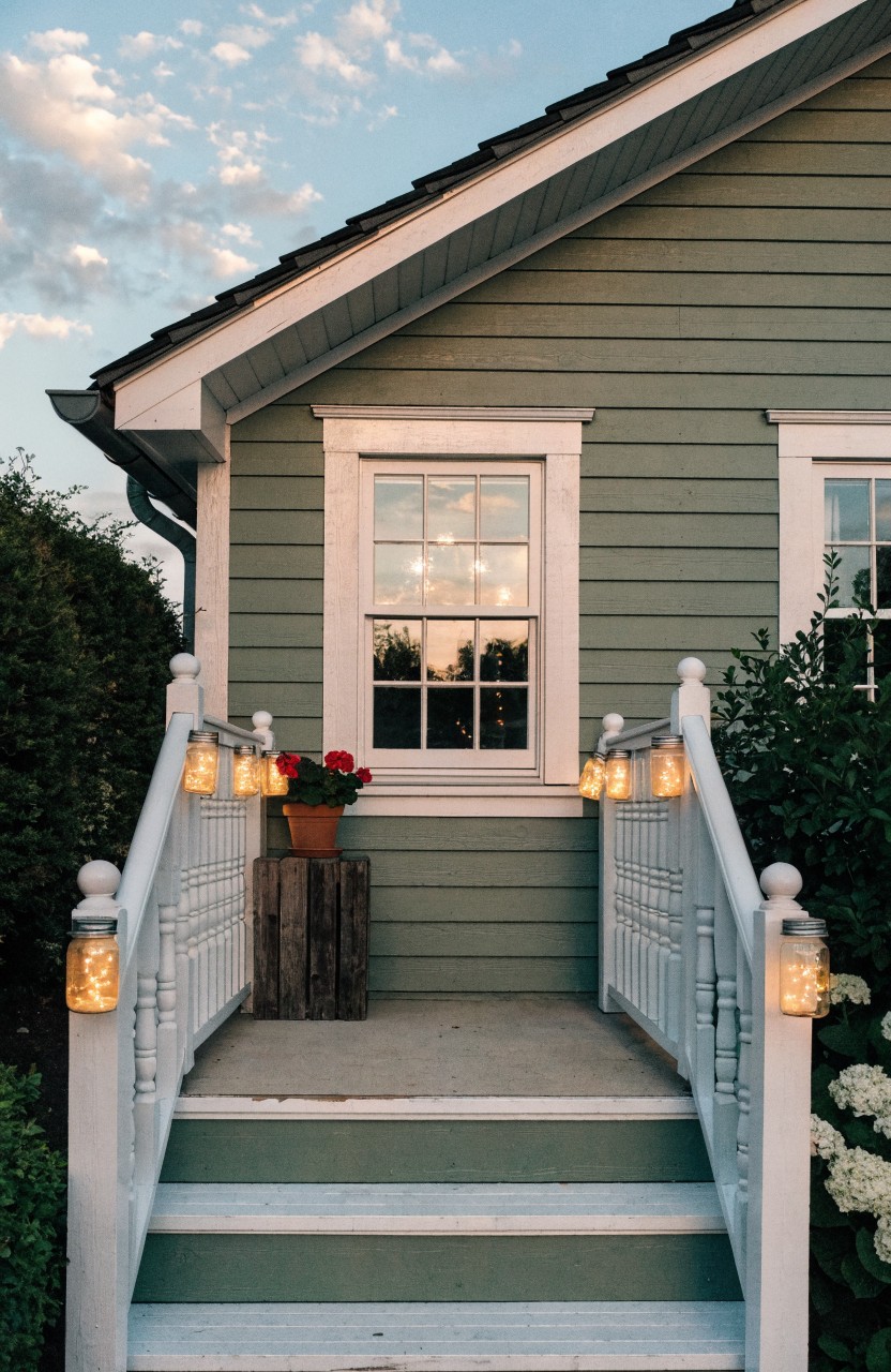Green clapboard house exterior with white porch railings and steps lined with mason jar lanterns containing fairy lights, a wooden crate table, potted red flowers, and hydrangea bushes on both sides.