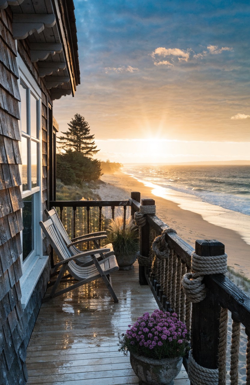Shingled wood house exterior with a wet wooden deck balcony overlooking sandy beach and ocean at sunset, Adirondack chairs, potted purple flowers and grass, rope-wrapped posts along railing, tall pine tree in distance.