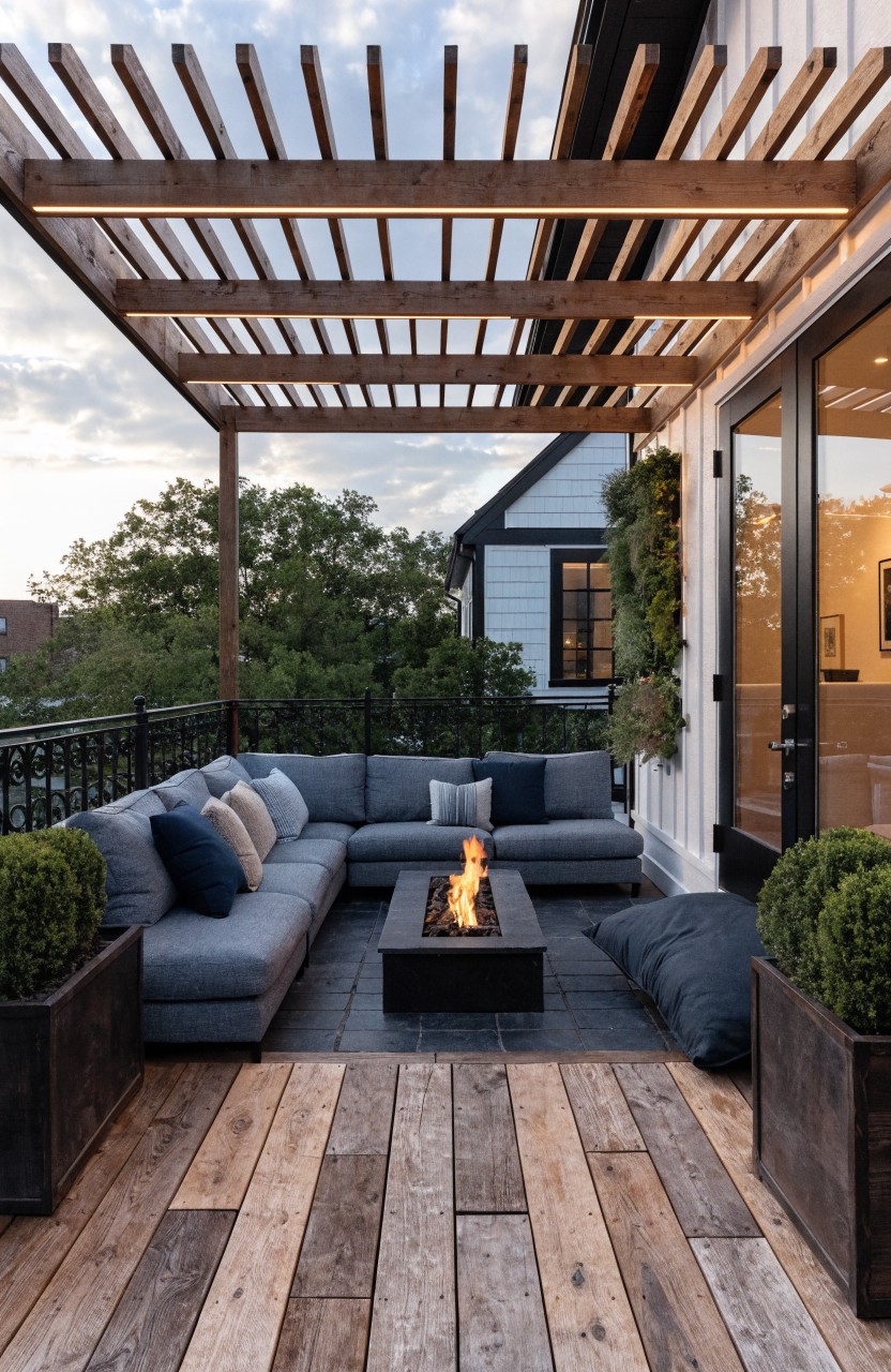 Balcony with overhead wooden pergola supported by posts, L-shaped gray sofa around black linear fire table, pillows, large blue floor cushions, potted boxwood plants, and wood plank decking next to white house with black doors.
