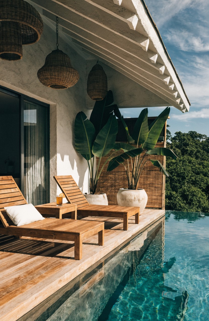 Wooden deck balcony featuring two lounge chairs with cushions and a small side table positioned directly at the edge of a clear infinity pool, with large potted banana plants and hanging rattan lanterns nearby under a white architectural roofline.