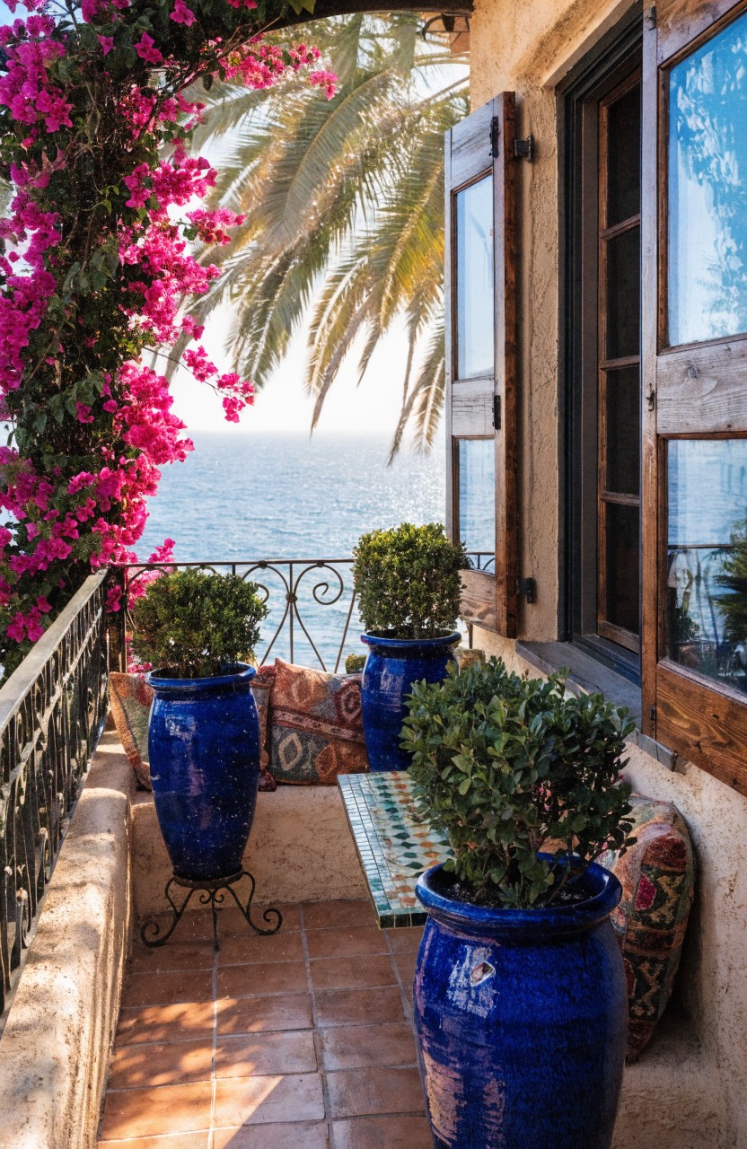 Balcony with built-in low tiled bench holding colorful cushions and pillows, flanked by large blue ceramic pots with boxwood topiaries, pink bougainvillea climbing over a stucco archway, wrought iron railing, palm trees, and ocean view.