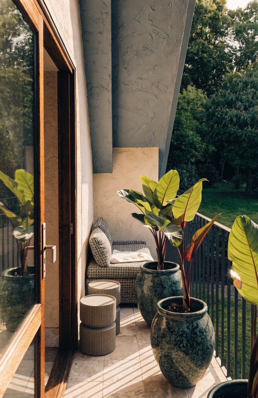 Balcony with beige stucco wall, open wooden sliding doors, low cushioned bench on two round stools, two large green-glazed pots holding broad-leaf plants with red stems, metal railing, and green yard beyond.