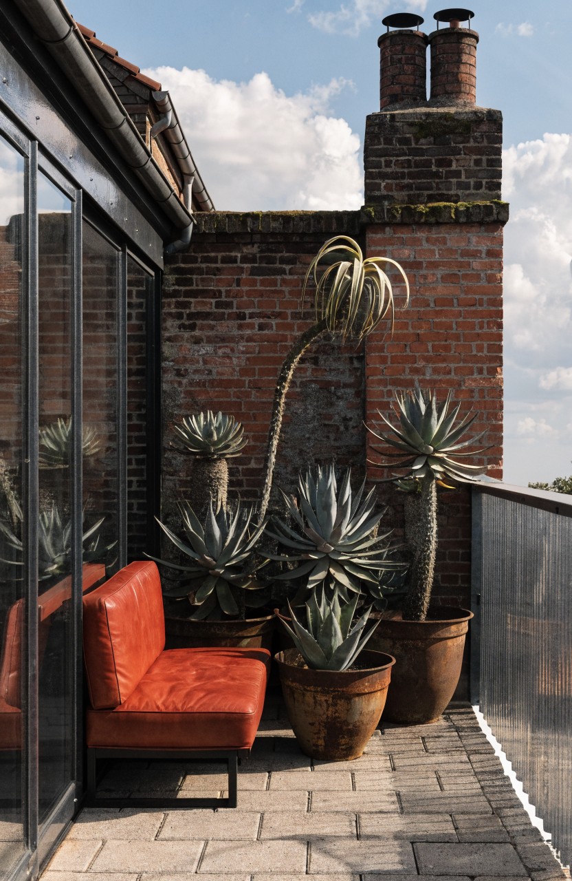 Red leather lounge chair on a paved balcony surrounded by large terracotta pots of succulents including agaves and palms, next to black-framed glass doors on a brick exterior wall with metal railing and chimney stacks above under a partly cloudy sky.