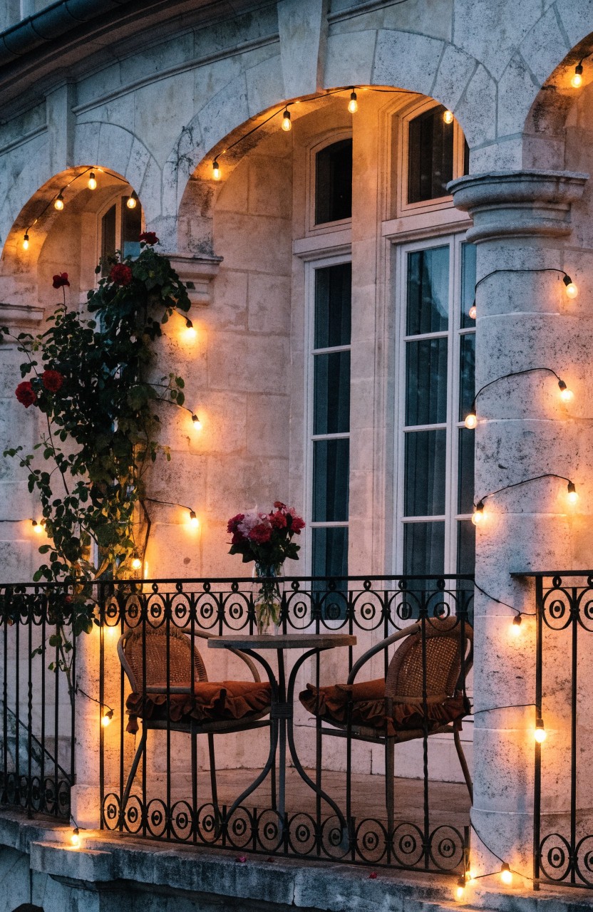 Balcony String Lights at Dusk