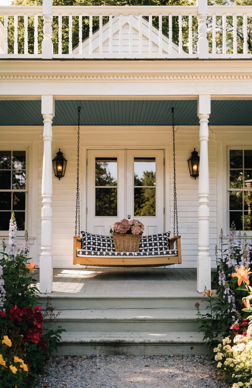 White clapboard house with blue porch ceiling, hanging black-and-white cushioned swing with pink flower basket between posts, flanked by lanterns and double doors, steps lined with red flowers and foxgloves on gravel path